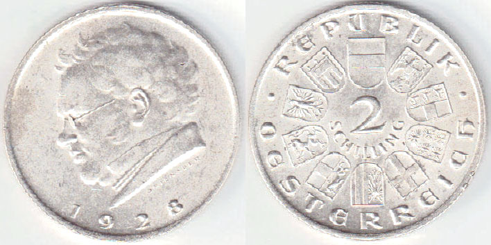 1928 Austria silver 2 Schilling (Schubert) A003486
